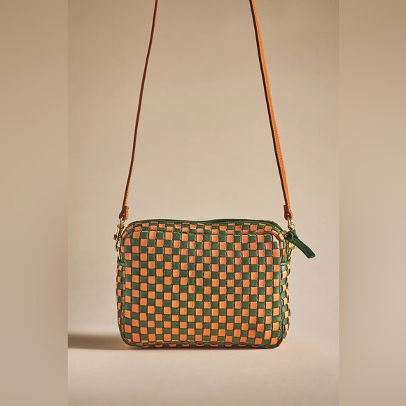 Clare V Midi Sac Safari Green & Coral Orange Woven Leather Checker Crossbody Bag - Picture 14 of 16